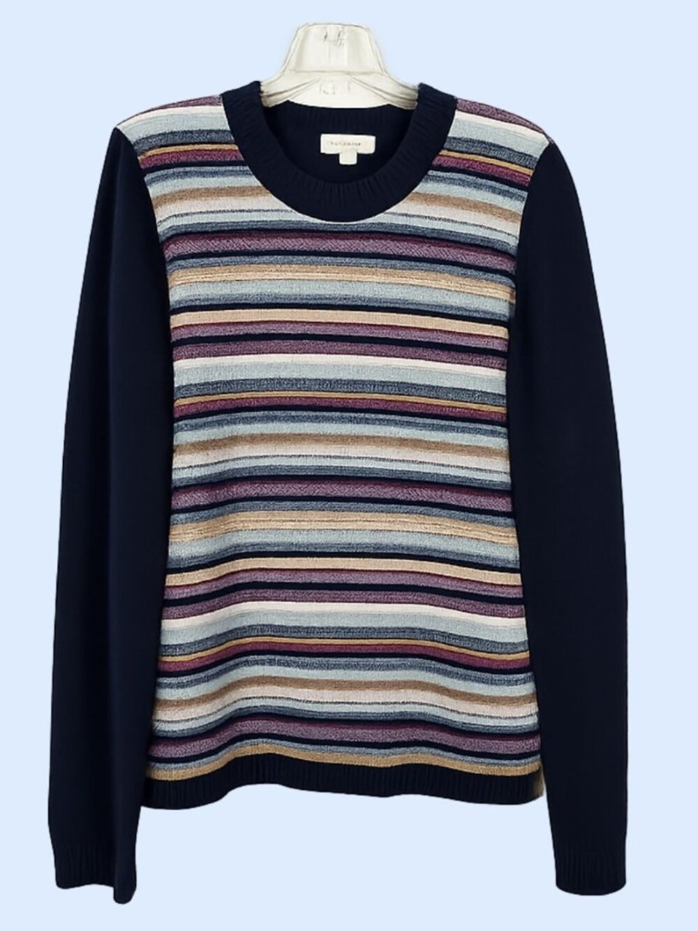 Orvis long sleeve blue with multi colored stripes and shoulder pads women sz L